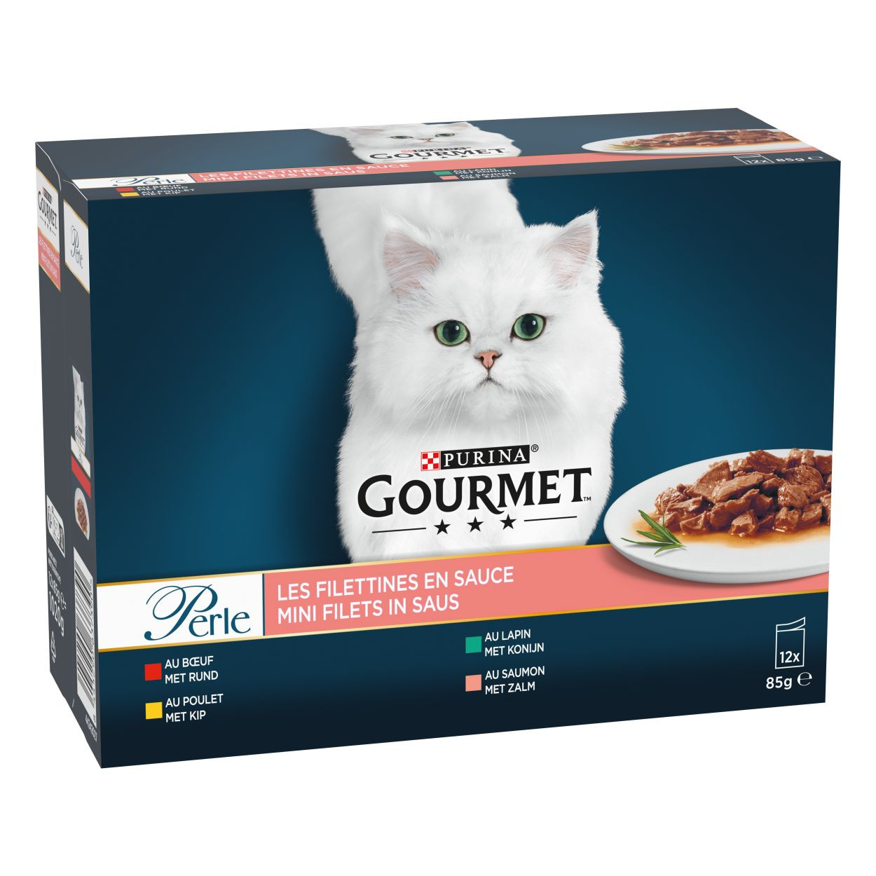 Gourmet Perle Mini Filets i sås med nötkött, kyckling, kanin, lax våtfoder katt (85 g)