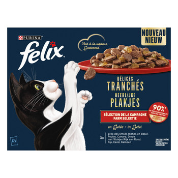 Felix Delicious Slices Farm Selection med nötkött, kyckling, anka, kalkon i gelé våtfoder katt