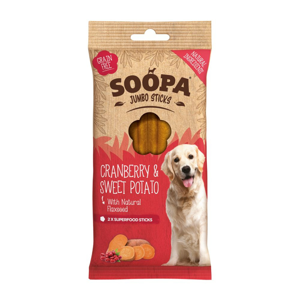 Soopa Jumbo Dental Sticks med tranbär och sötpotatis för hund (170 g)