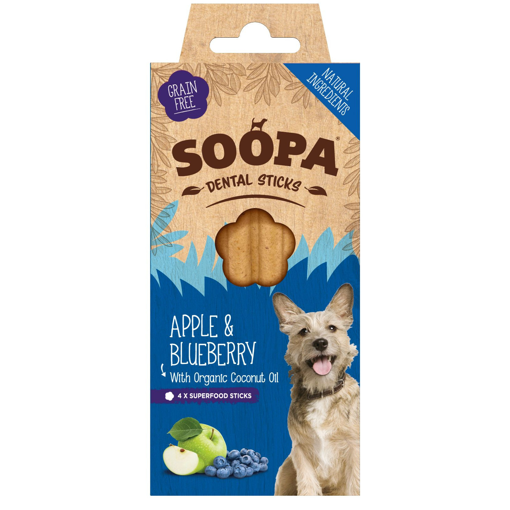 Soopa Dental Sticks med äpple och blåbär för hund (100 g)