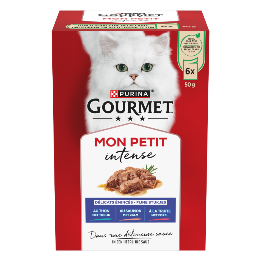 Gourmet Mon Petit Intense med tonfisk, lax eller öring våtfoder katt