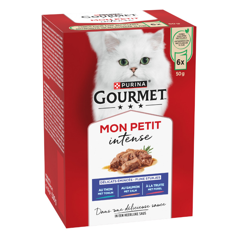 Gourmet Mon Petit Intense med tonfisk, lax eller öring våtfoder katt