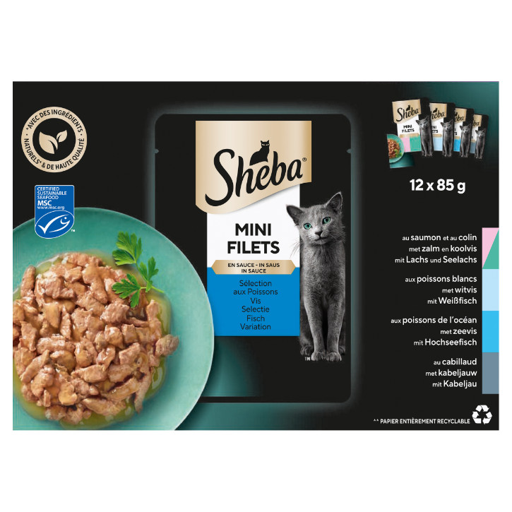 Sheba Mini Filets Fish Selection i sås våt kattmat (85 g påsar)