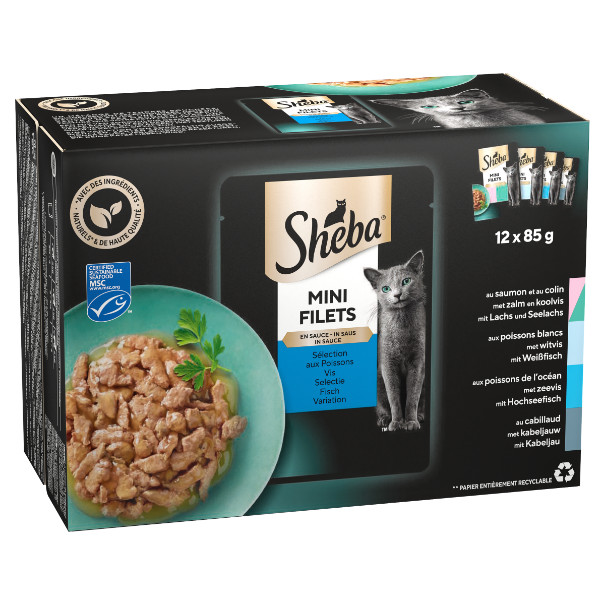 Sheba Mini Filets Fish Selection i sås våt kattmat (85 g påsar)